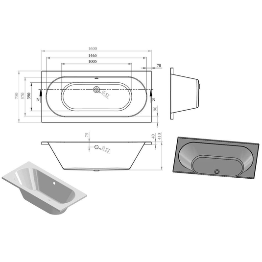 Ruby Oakley Round Double End 1600x750x550mm 0TH Bath w/Legs - RUBY105642 - Envy Bathrooms Ltd