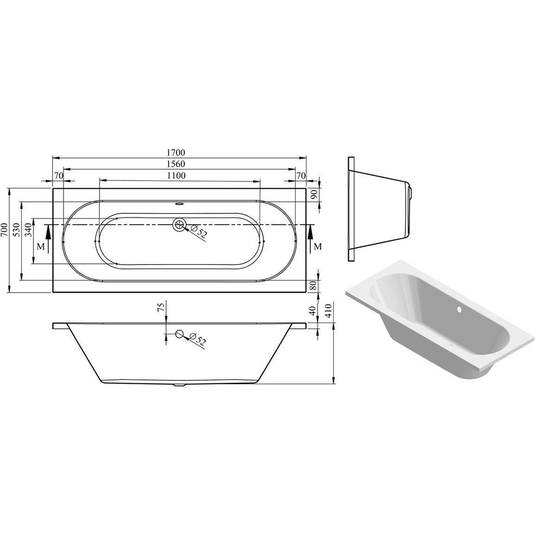 Ruby Oakley Round Double End SUPERCAST 1700x700x550mm 0TH Bath w/Legs - RUBY105647 - Envy Bathrooms Ltd
