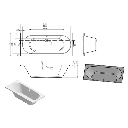 Ruby Oakley Round Double End SUPERCAST 1700x750x550mm 0TH Bath w/Legs - RUBY105648 - Envy Bathrooms Ltd