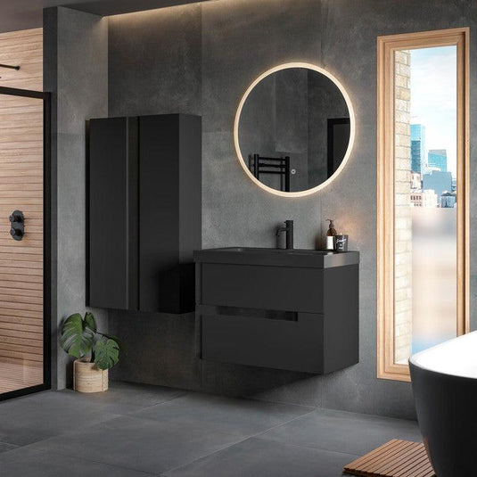 Ruby Paisley 605mm Wall Hung 2 Drawer Basin Unit & Co-ordinating Basin - Matt Black & Glass - RUBY106879 - Envy Bathrooms Ltd