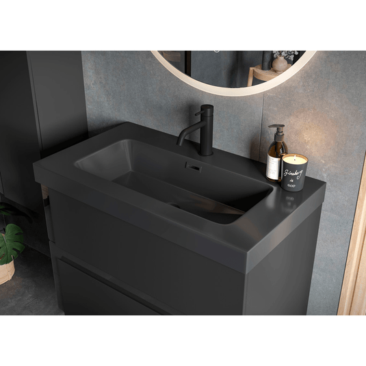 Ruby Paisley 805mm Wall Hung 2 Drawer Basin Unit & Co-ordinating Basin - Matt Black & Glass - RUBY106881 - Envy Bathrooms Ltd