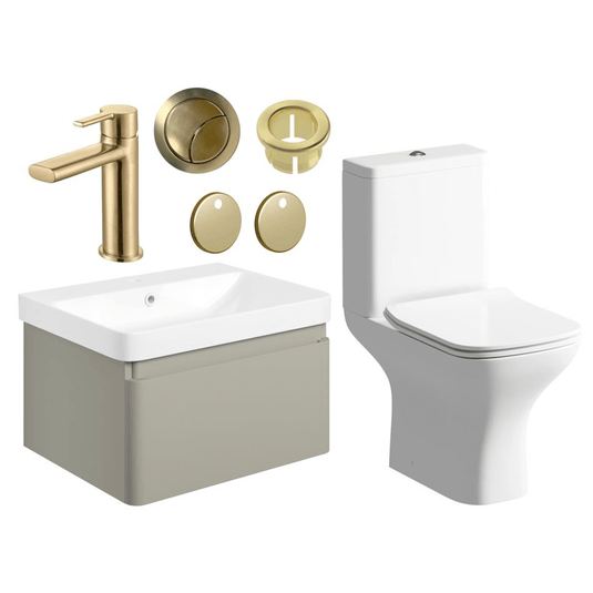 Ruby Penny 600mm Basin Unit & Close Coupled WC Pack - Matt Latte w/Brushed Brass Finishes - RUBY109055 - Envy Bathrooms Ltd