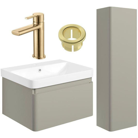 Ruby Penny 600mm Basin Unit & Tall Unit Pack - Matt Latte w/Brushed Brass Finishes - RUBY109043 - Envy Bathrooms Ltd