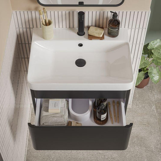 Ruby Penny 605mm Wall Hung 1 Drawer Basin Unit & Basin - Matt Black - RUBY108934 - Envy Bathrooms Ltd