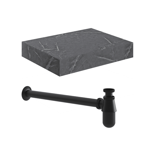 Ruby Smokey 600mm Wall Hung Grey Marble Basin Shelf & Black Bottle Trap - RUBY106944 - Envy Bathrooms Ltd