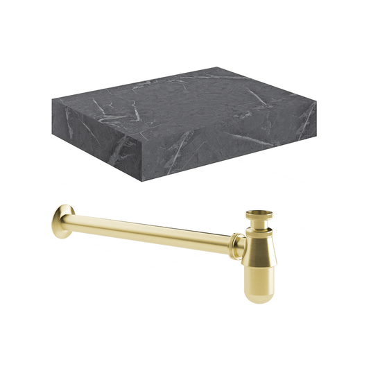Ruby Smokey 600mm Wall Hung Grey Marble Basin Shelf & Brushed Brass Bottle Trap - RUBY106945 - Envy Bathrooms Ltd