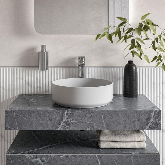 Ruby Smokey 600mm Wall Hung Grey Marble Basin Shelf & Brushed Bronze Bottle Trap - RUBY108908 - Envy Bathrooms Ltd
