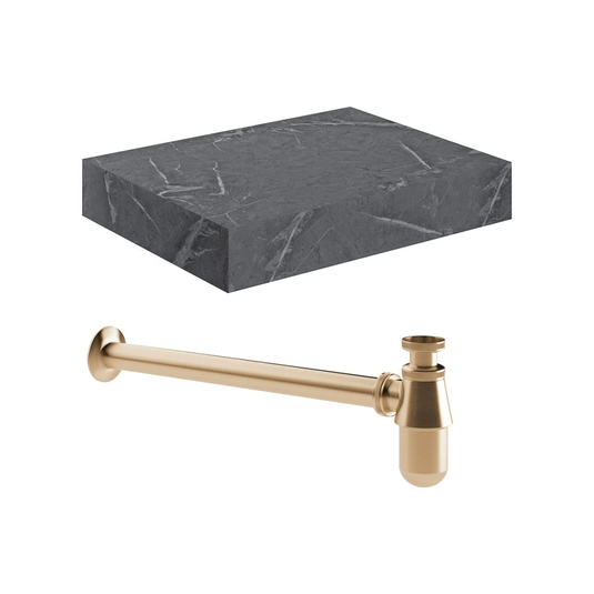 Ruby Smokey 600mm Wall Hung Grey Marble Basin Shelf & Brushed Bronze Bottle Trap - RUBY108908 - Envy Bathrooms Ltd