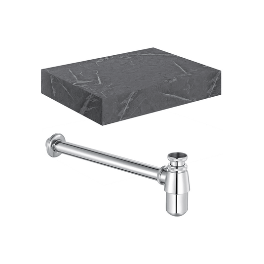 Ruby Smokey 600mm Wall Hung Grey Marble Basin Shelf & Chrome Bottle Trap - RUBY106943 - Envy Bathrooms Ltd