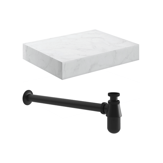 Ruby Smokey 600mm Wall Hung White Marble Basin Shelf & Black Bottle Trap - RUBY106958 - Envy Bathrooms Ltd