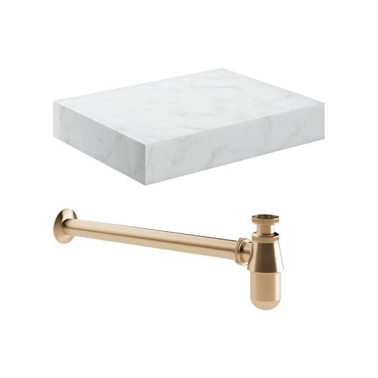 Ruby Smokey 600mm Wall Hung White Marble Basin Shelf & Brushed Bronze Bottle Trap - RUBY108910 - Envy Bathrooms Ltd