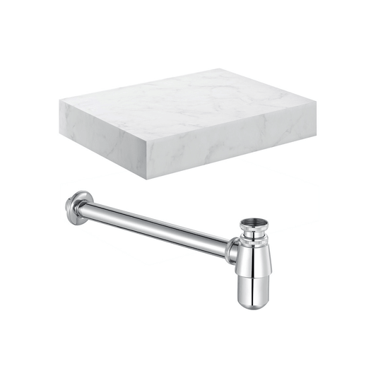 Ruby Smokey 600mm Wall Hung White Marble Basin Shelf & Chrome Bottle Trap - RUBY106957 - Envy Bathrooms Ltd