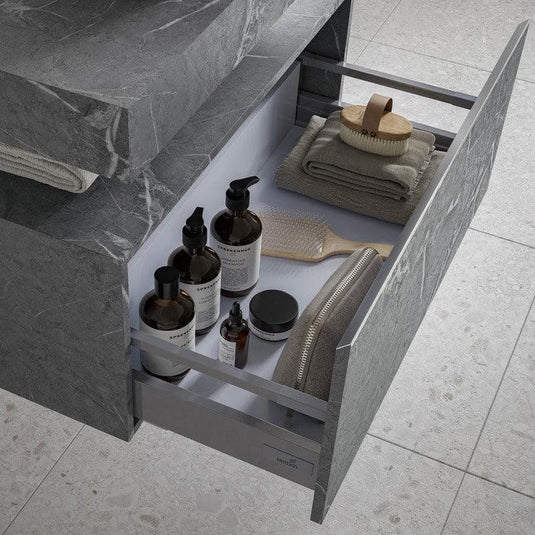 Ruby Smokey 800mm Wall Hung Grey Marble Basin Shelf & Black Bottle Trap - RUBY106948 - Envy Bathrooms Ltd