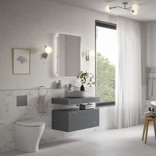 Ruby Smokey 800mm Wall Hung Grey Marble Basin Shelf & Brushed Brass Bottle Trap - RUBY106949 - Envy Bathrooms Ltd