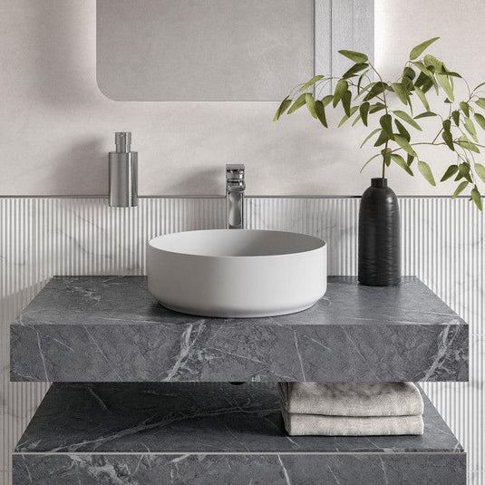 Ruby Smokey 800mm Wall Hung Grey Marble Basin Shelf & Brushed Brass Bottle Trap - RUBY106949 - Envy Bathrooms Ltd