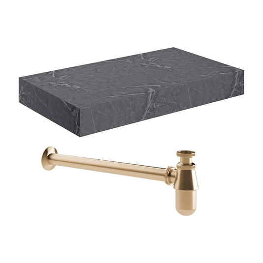 Ruby Smokey 800mm Wall Hung Grey Marble Basin Shelf & Brushed Bronze Bottle Trap - RUBY108909 - Envy Bathrooms Ltd