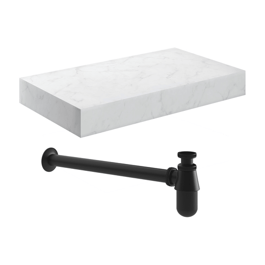 Ruby Smokey 800mm Wall Hung White Marble Basin Shelf & Black Bottle Trap - RUBY106962 - Envy Bathrooms Ltd
