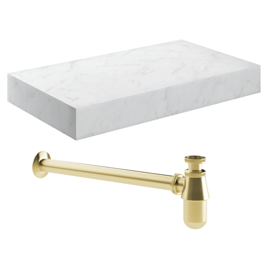 Ruby Smokey 800mm Wall Hung White Marble Basin Shelf & Brushed Brass Bottle Trap - RUBY106963 - Envy Bathrooms Ltd