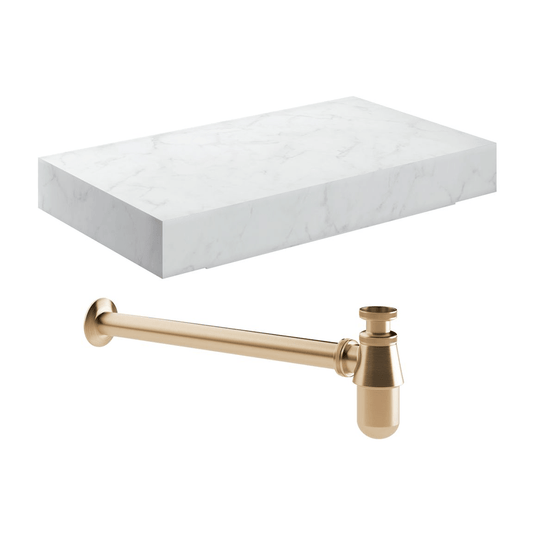 Ruby Smokey 800mm Wall Hung White Marble Basin Shelf & Brushed Bronze Bottle Trap - RUBY108911 - Envy Bathrooms Ltd
