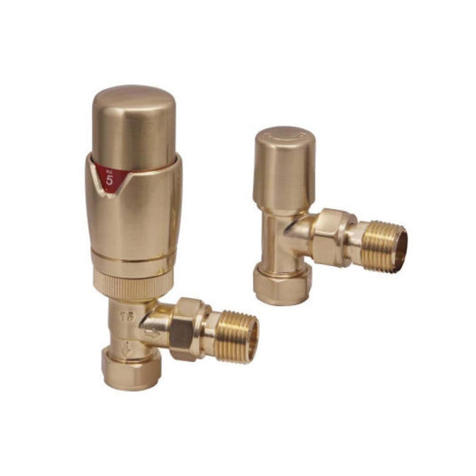 Scudo Brushed Brass Thermostatic Radiator Valves Angled (Pair) | DES-TRV-ANG-BB - Envy Bathrooms Ltd