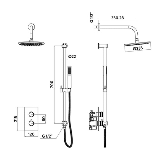 Scudo Core Brushed Brass Concealed Shower Set with Fixed Head and Handset Riser Kit - Envy Bathrooms Ltd
