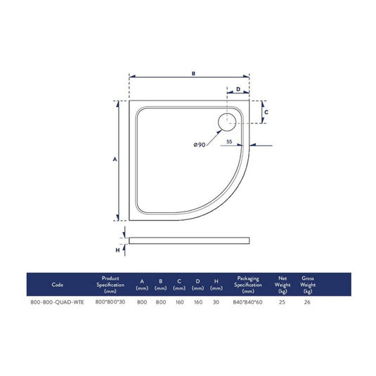 Scudo Eco-Stone Quadrant Shower Tray 800 x 800mm | 800-800-QUAD-WTE - Envy Bathrooms Ltd