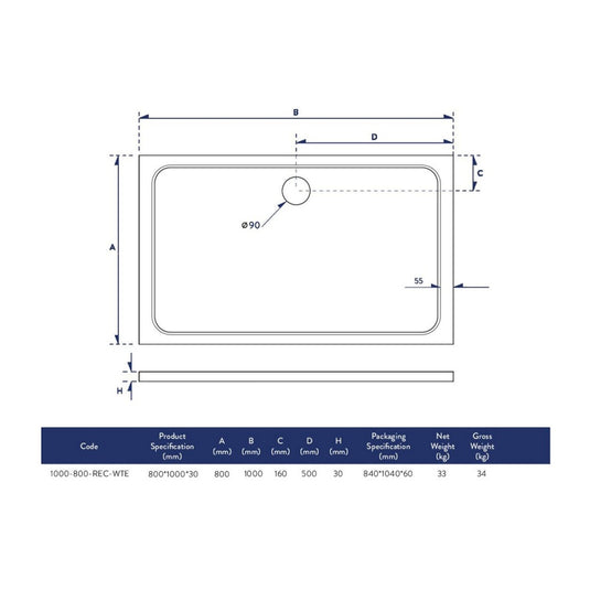 Scudo Eco-Stone Rectangular Shower Tray 1000 x 800mm | 1000-800-REC-WTE - Envy Bathrooms Ltd