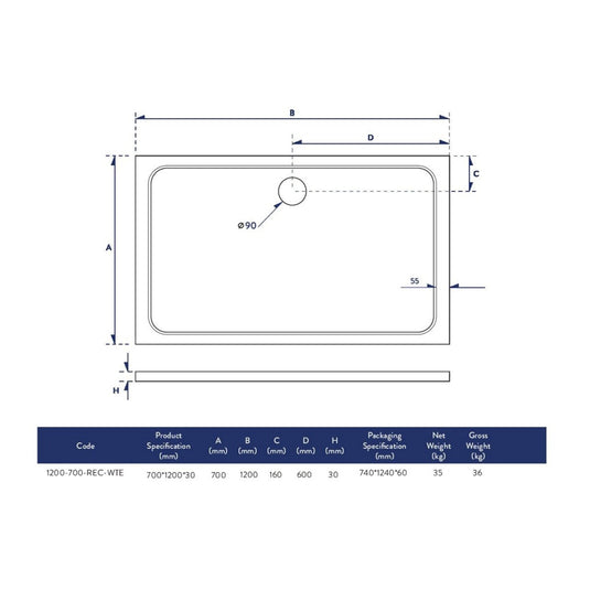 Scudo Eco-Stone Rectangular Shower Tray 1200 x 700mm | 1200-700-REC-WTE - Envy Bathrooms Ltd