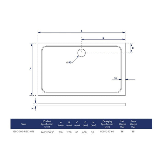 Scudo Eco-Stone Rectangular Shower Tray 1200 x 760mm White | 1200-760-REC-WTE - Envy Bathrooms Ltd