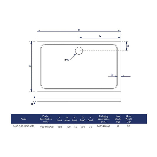 Scudo Eco-Stone Rectangular Shower Tray 1400 x 900mm White | 1400-900-REC-WTE - Envy Bathrooms Ltd
