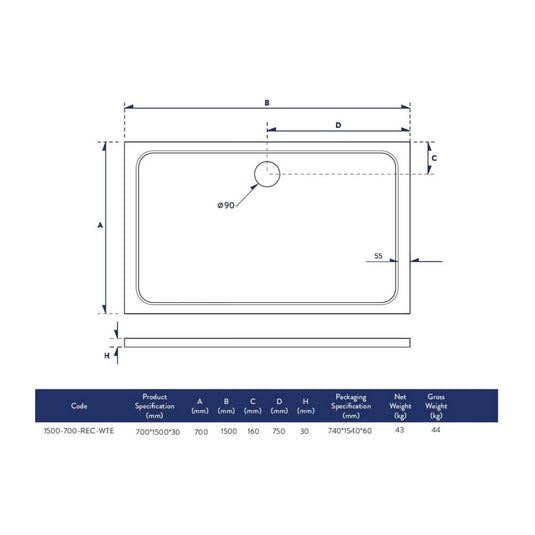Scudo Eco-Stone Rectangular Shower Tray 1500 x 700mm | 1500-700-REC-WTE - Envy Bathrooms Ltd