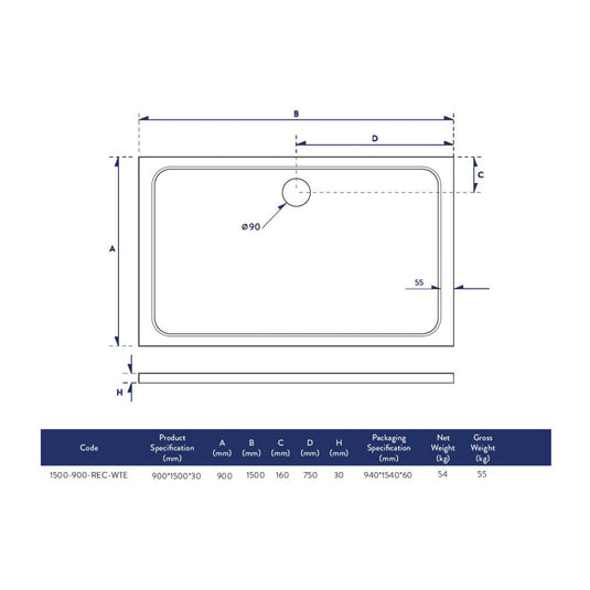 Scudo Eco-Stone Rectangular Shower Tray 1500 x 900mm - Envy Bathrooms Ltd