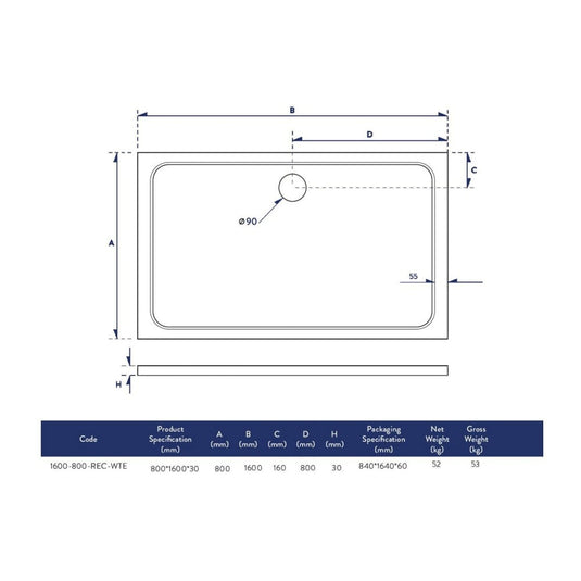Scudo Eco-Stone Rectangular Shower Tray 1600 x 800mm | 1600-800-REC-WTE - Envy Bathrooms Ltd