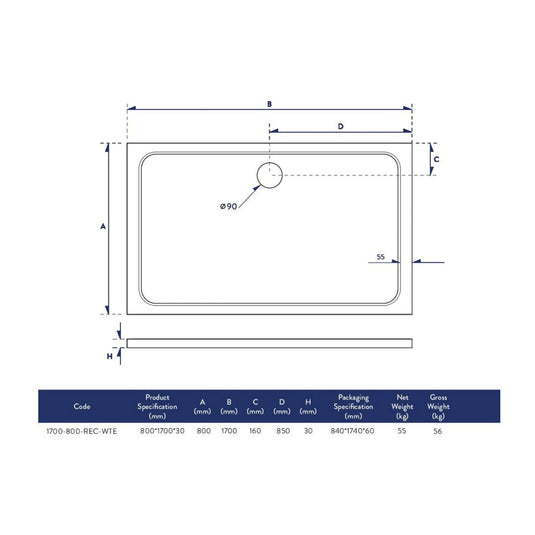 Scudo Eco-Stone Rectangular Shower Tray 1700 x 800mm | 1700-800-REC-WTE - Envy Bathrooms Ltd