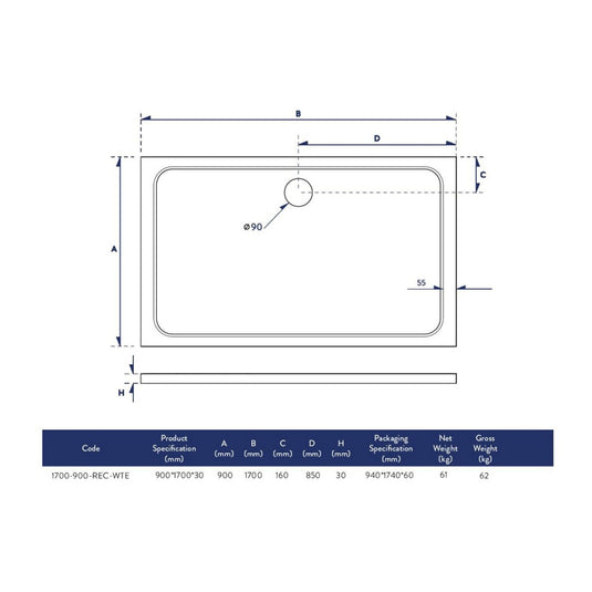 Scudo Eco-Stone Rectangular Shower Tray 1700 x 900mm | 1700-900-REC-WTE - Envy Bathrooms Ltd