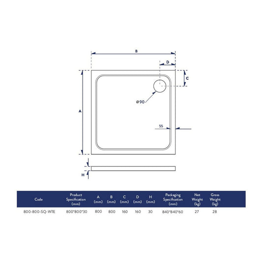 Scudo Eco-Stone Square Shower Tray 800 x 800mm | 800-800-SQ-WTE - Envy Bathrooms Ltd