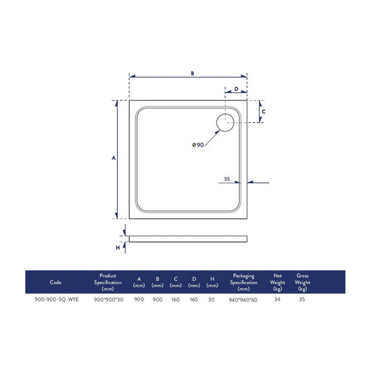 Scudo Eco-Stone Square Shower Tray 900 x 900mm - Envy Bathrooms Ltd