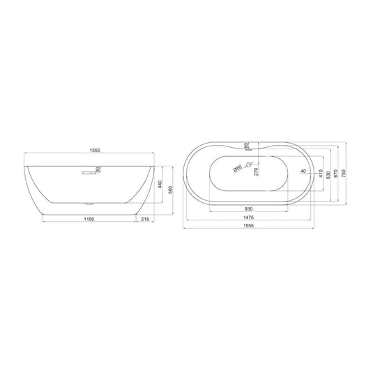 Scudo Onyx Freestanding Bath 1555 x 745mm White - Envy Bathrooms Ltd