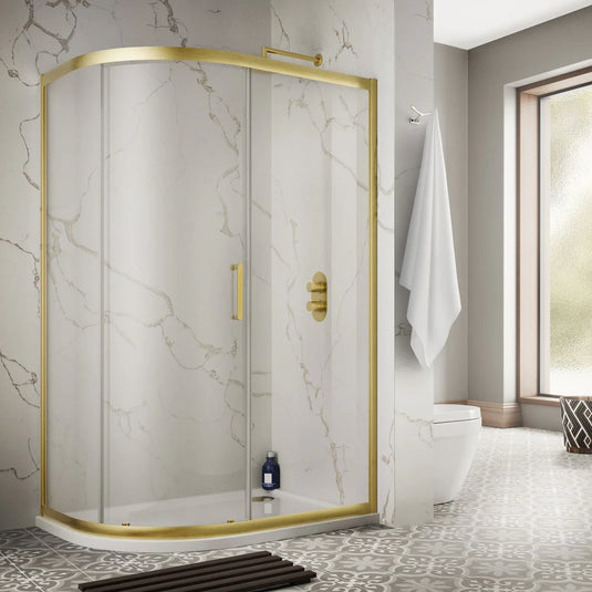 Sommer 8 1000 x 800mm Single Door Offset Quadrant Shower Enclosure - 8mm Glass - Brushed Brass - SOR33+SOR80D - Envy Bathrooms Ltd