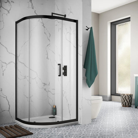 Sommer 8 800mm Single Door Quadrant Shower Enclosure - 8mm Glass - Matt Black - SOB01+SOB80D - Envy Bathrooms Ltd