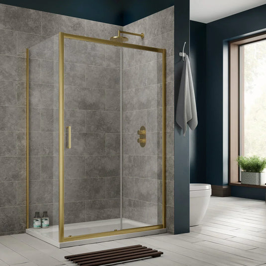 Sommer 8 1200mm Sliding Shower Door - 8mm Glass - Brushed Brass - SOR04 - Envy Bathrooms Ltd