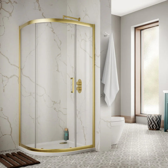 Sommer 8 800mm Single Door Quadrant Shower Enclosure - 8mm Glass - Brushed Brass - SOR01+SOR80D - Envy Bathrooms Ltd