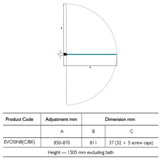 Sommer Evolve 1500mm x 900mm Half Radius 8mm Square Hinged Bath Screen - Chrome - EVOSIN8C - Envy Bathrooms Ltd
