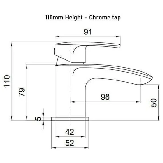 Technical diagram of a mini chrome basin mixer tap with dimensions in millimeters.