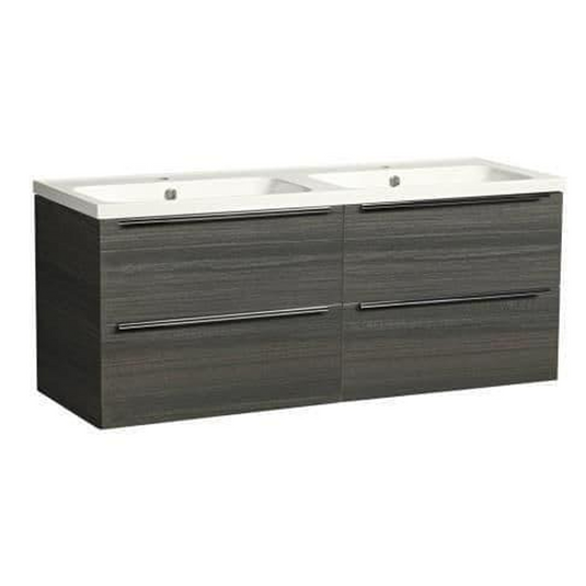 Wall hung double vanity unit with wood finish and two integrated basins