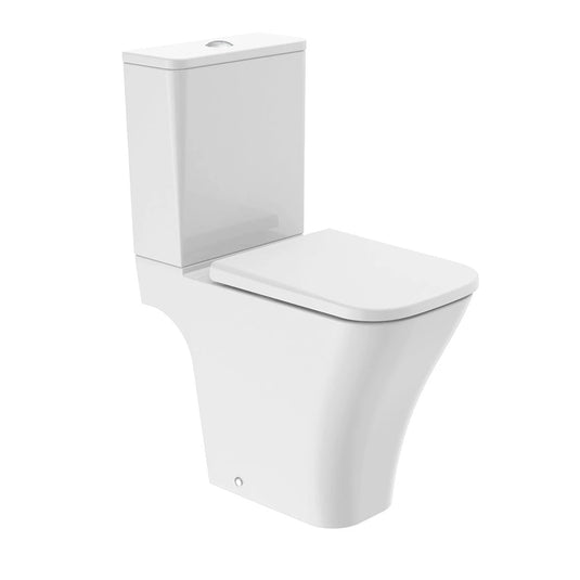 Modern close coupled toilet with soft close seat and dual flush, white ceramic finish