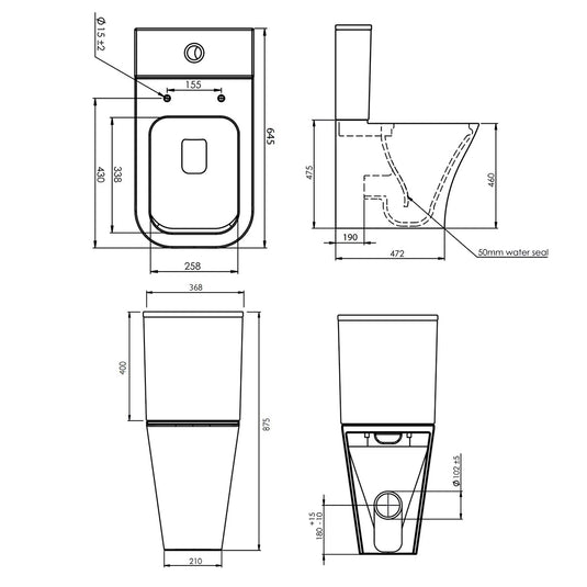 Bathroom toilet technical drawing with measurements, side, front, and top views.