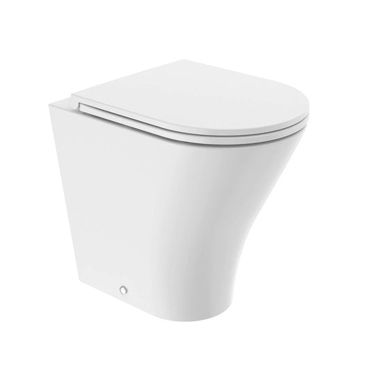 Modern white rimless back to wall toilet pan with a soft-close seat, minimalist design
