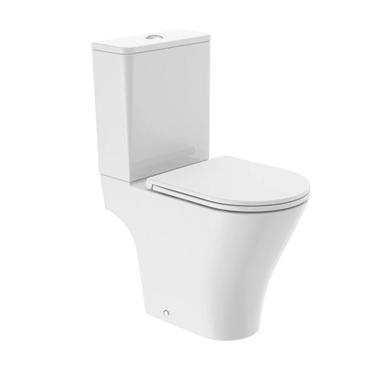 Modern white rimless close coupled toilet with soft close seat, open back design