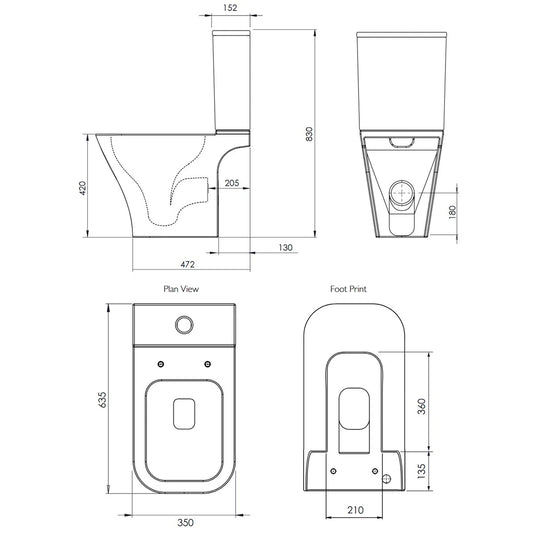 Technical drawing of close coupled toilet with dimensions, side, front, top, and footprint views